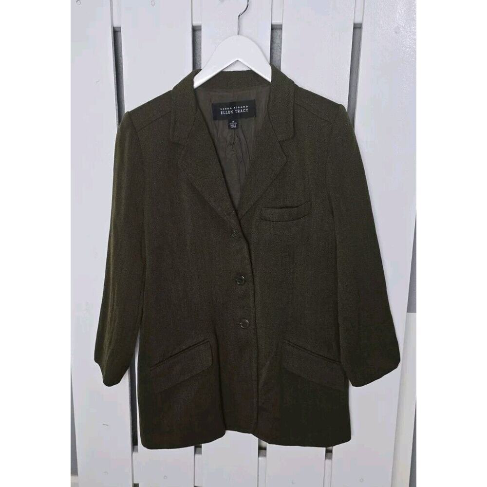 Linda Allard Ellen Tracy Wool Blazer Jacket Size 14 Olive Green‎ Academia Career